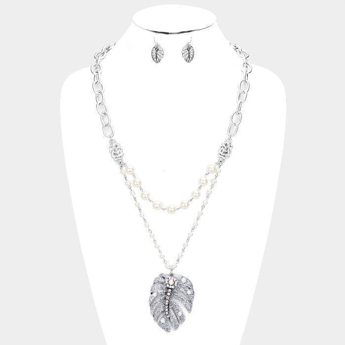 Silver Double Strand Pearl Tropical Leaf Pendant Necklace - Jewelry Store by Erik Rayo