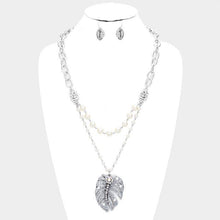 Load image into Gallery viewer, Silver Double Strand Pearl Tropical Leaf Pendant Necklace
