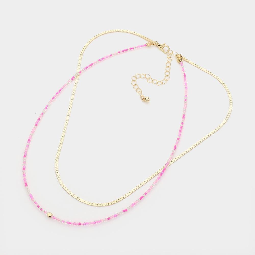 Pink Metal Bead Pointed Seed Beads Beaded Metal Chain Layered Necklace - Jewelry Store by Erik Rayo