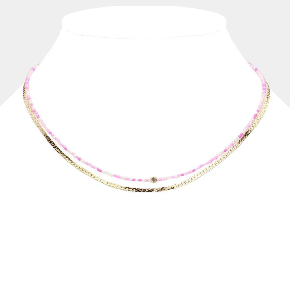 Pink Metal Bead Pointed Seed Beads Beaded Metal Chain Layered Necklace - Jewelry Store by Erik Rayo