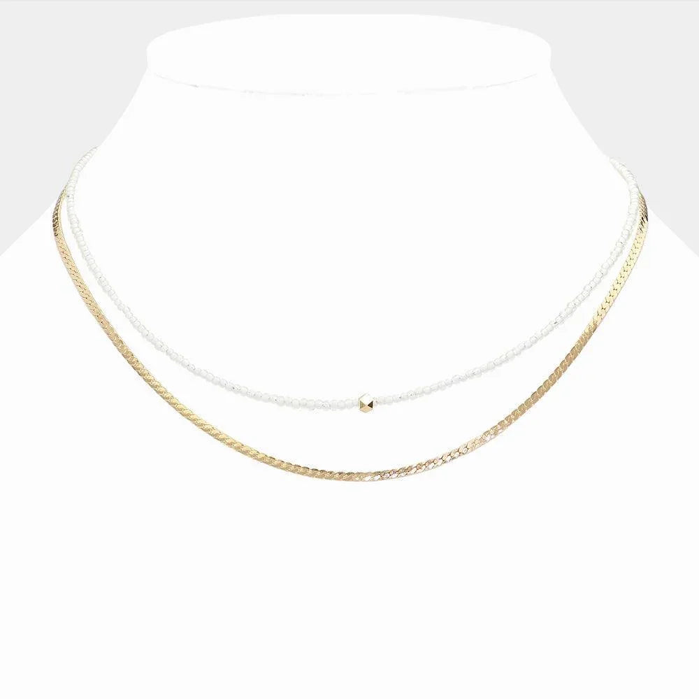 White Metal Bead Pointed Seed Beads Beaded Metal Chain Layered Necklace - Jewelry Store by Erik Rayo