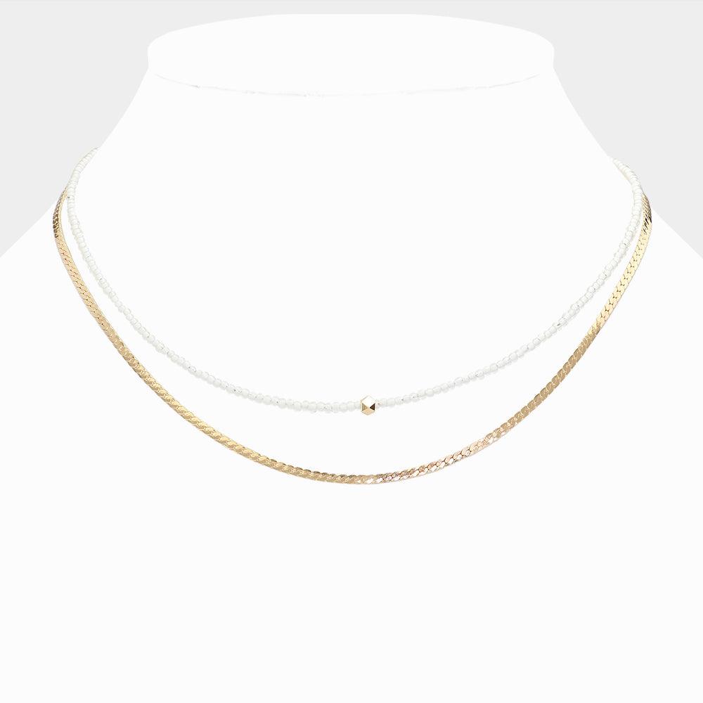 White Metal Bead Pointed Seed Beads Beaded Metal Chain Layered Necklace