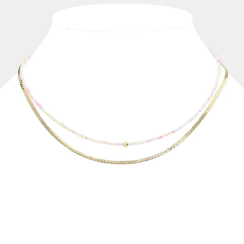 Gold Metal Bead Pointed Seed Beads Beaded Metal Chain Layered Necklace - Jewelry Store by Erik Rayo