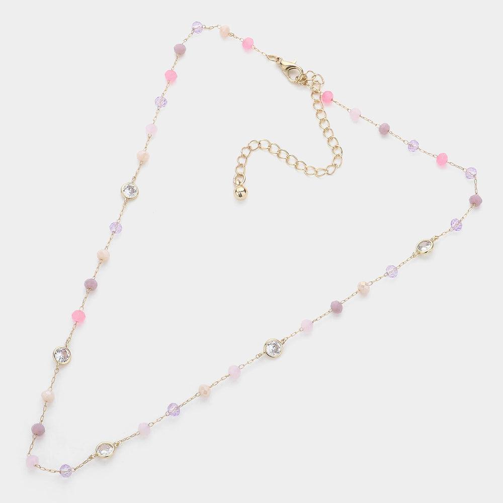 Pink Round Bead Clear Bezel Station Necklace - Jewelry Store by Erik Rayo