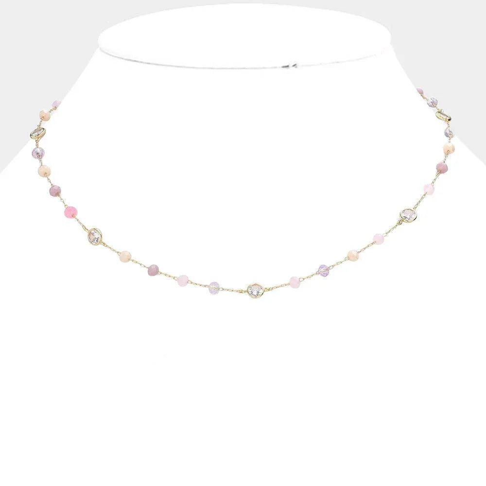 Pink Round Bead Clear Bezel Station Necklace - Jewelry Store by Erik Rayo