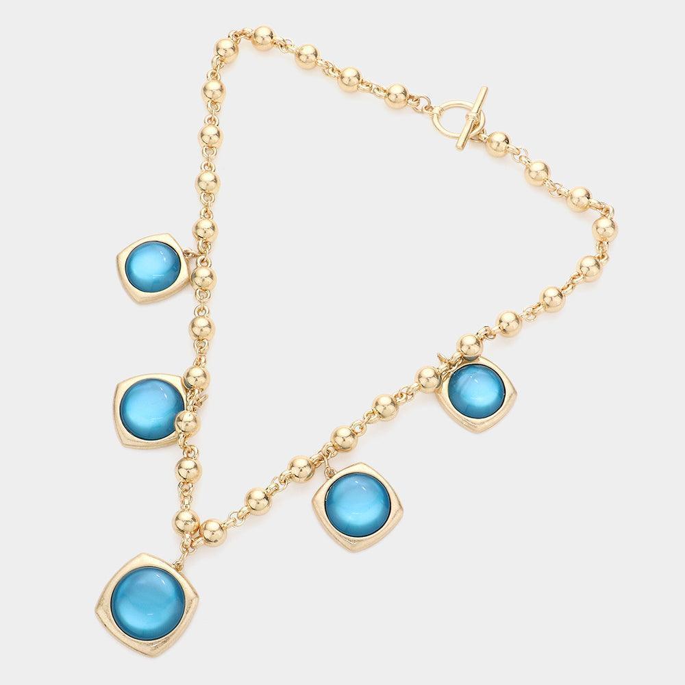 Blue Round Stone Centered Metal Square Pendant Station Necklace - Jewelry Store by Erik Rayo