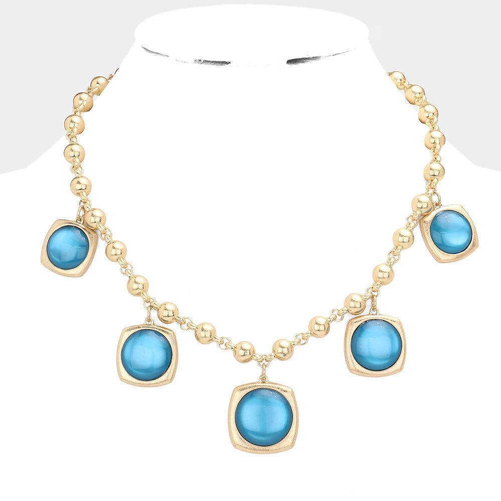 Blue Round Stone Centered Metal Square Pendant Station Necklace - Jewelry Store by Erik Rayo