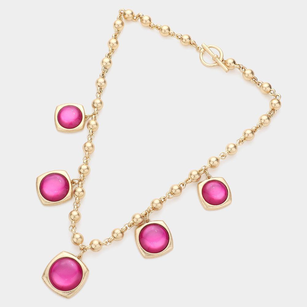Pink Round Stone Centered Metal Square Pendant Station Necklace - Jewelry Store by Erik Rayo