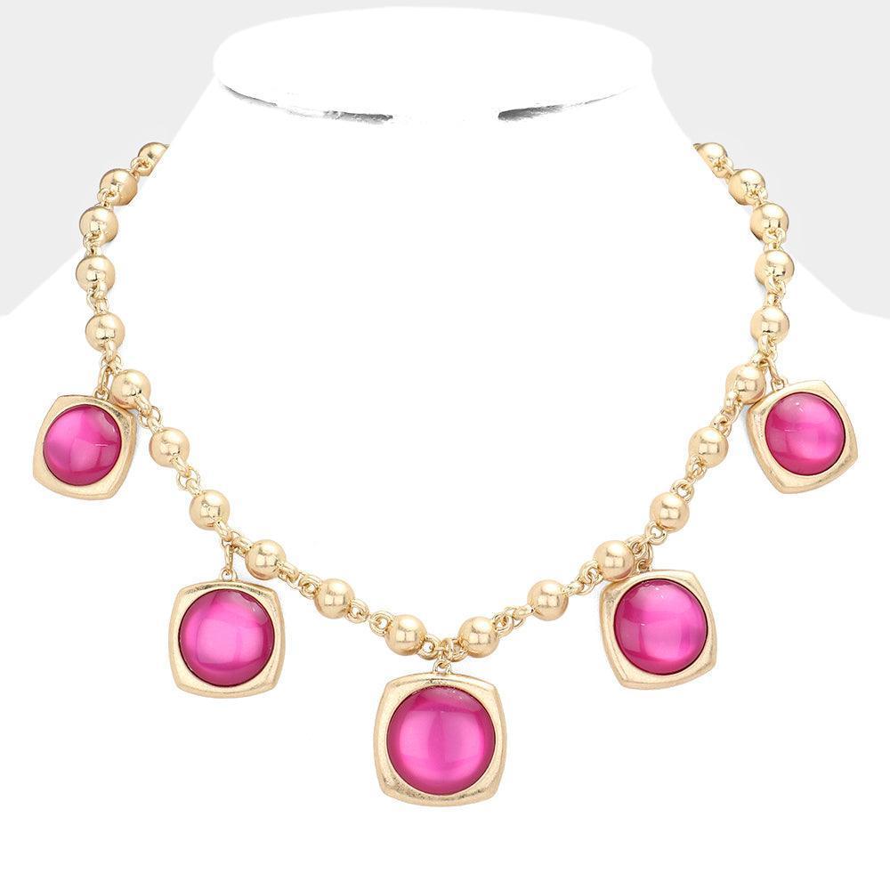 Pink Round Stone Centered Metal Square Pendant Station Necklace - Jewelry Store by Erik Rayo