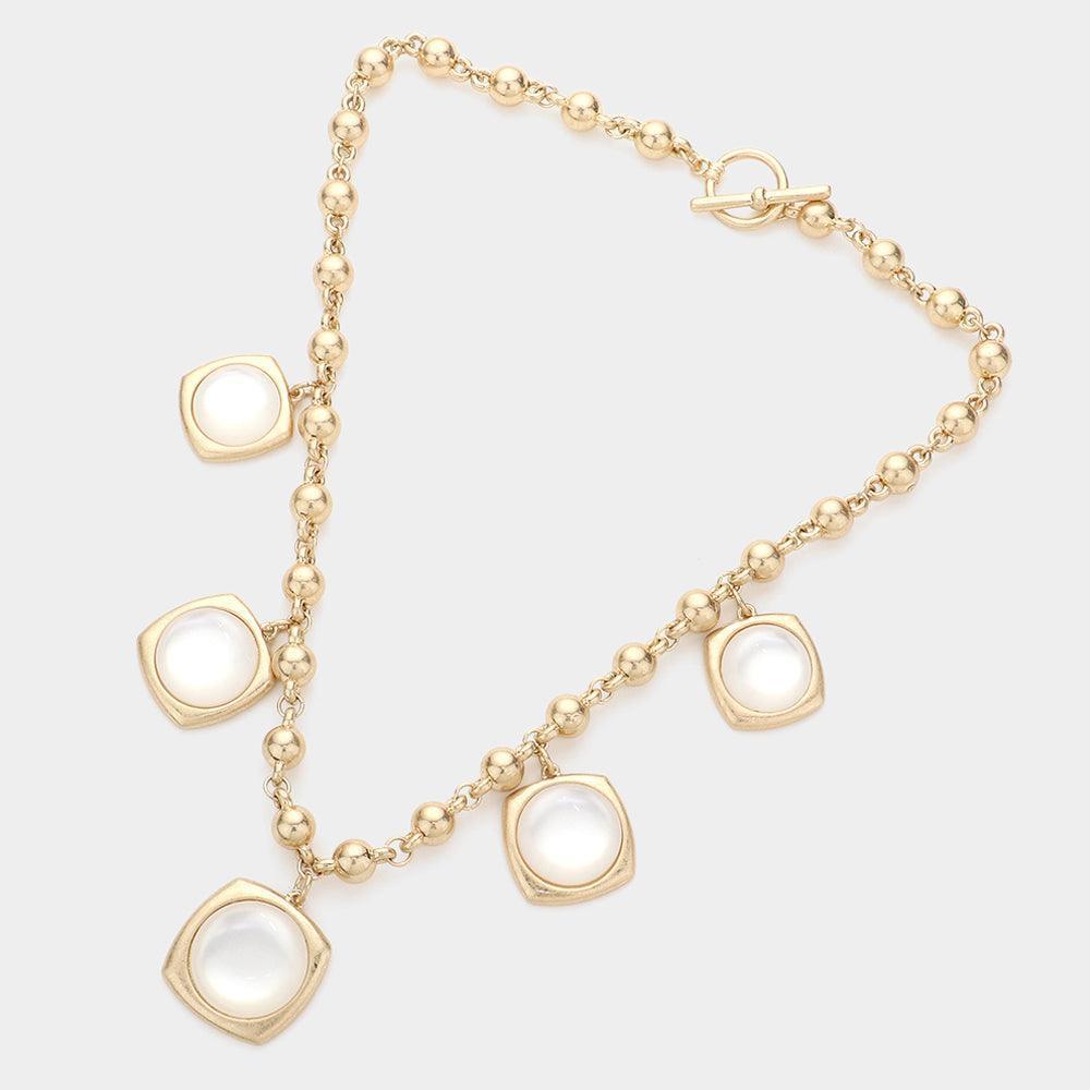 White Round Stone Centered Metal Square Pendant Station Necklace - Jewelry Store by Erik Rayo