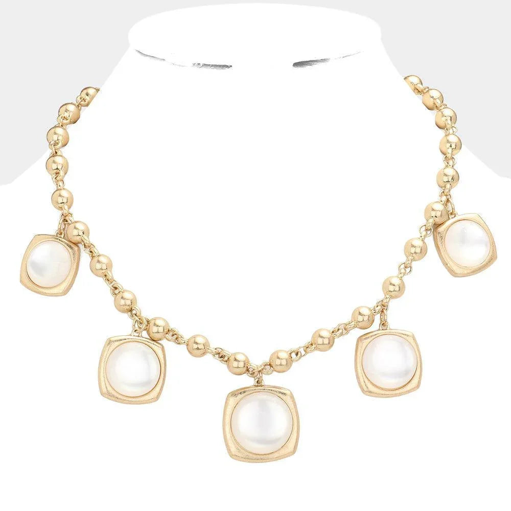 White Round Stone Centered Metal Square Pendant Station Necklace - Jewelry Store by Erik Rayo