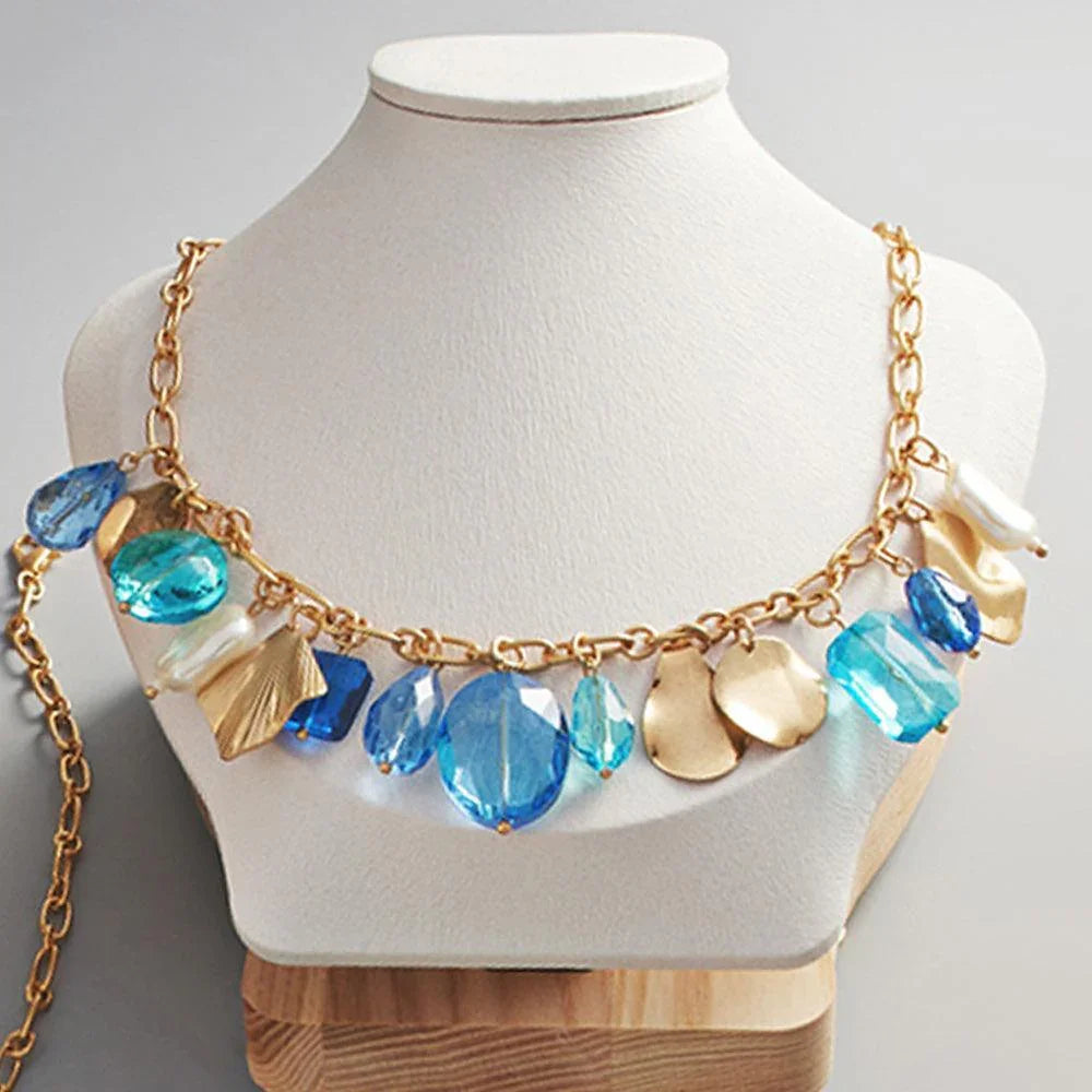 Blue Pearl Geometric Bead Metal Link Necklace - Jewelry Store by Erik Rayo