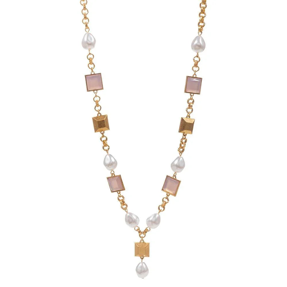 Pink Pearl Square Bead Metal Link Necklace - Jewelry Store by Erik Rayo
