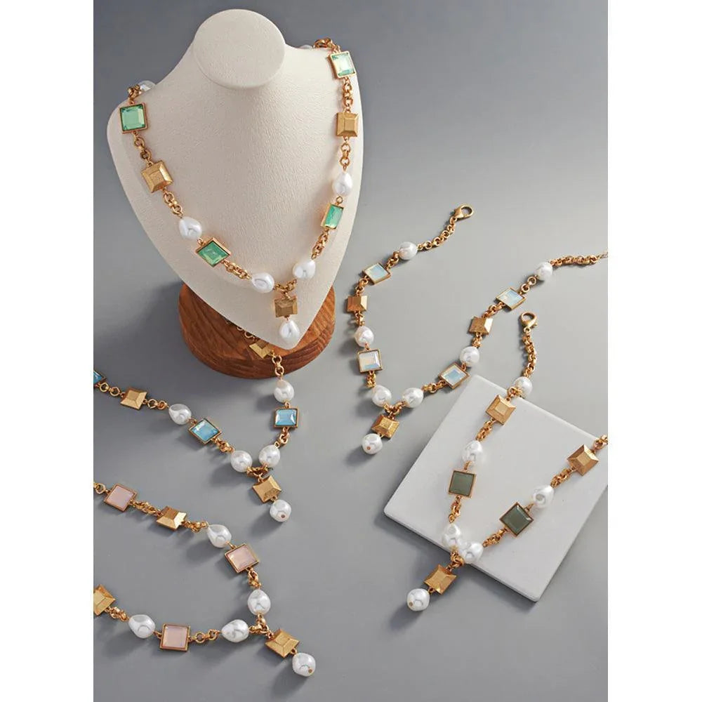 Pink Pearl Square Bead Metal Link Necklace - Jewelry Store by Erik Rayo
