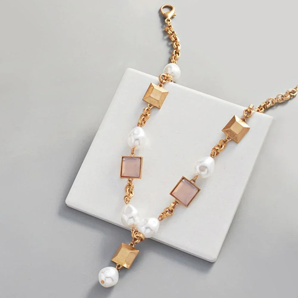 Pink Pearl Square Bead Metal Link Necklace - Jewelry Store by Erik Rayo