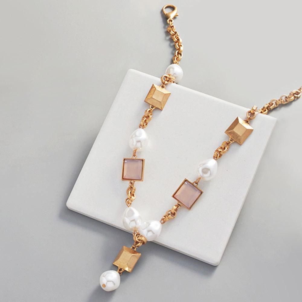 Pink Pearl Square Bead Metal Link Necklace