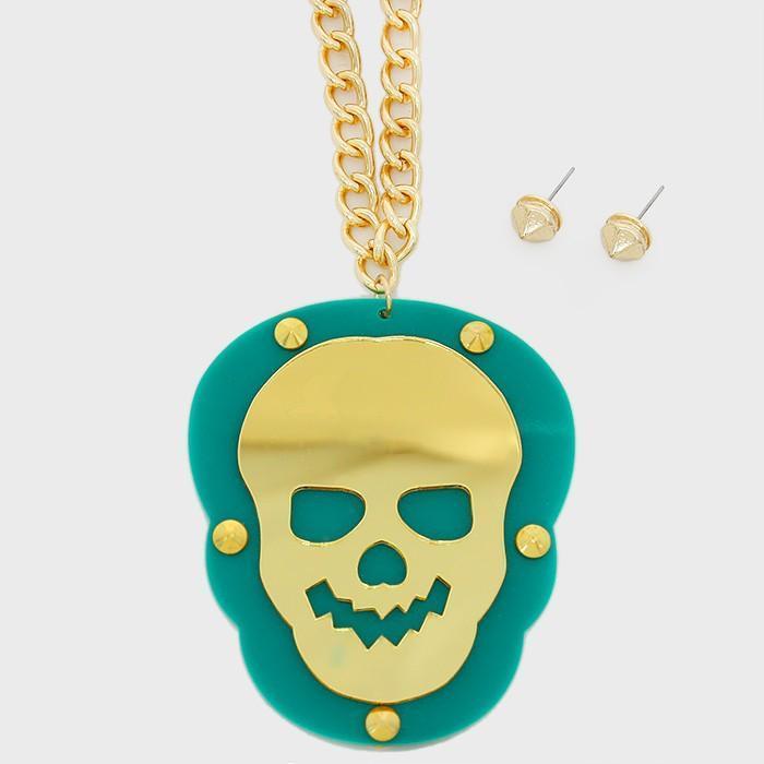 Green Skull rivet plate pendant necklace - Jewelry Store by Erik Rayo