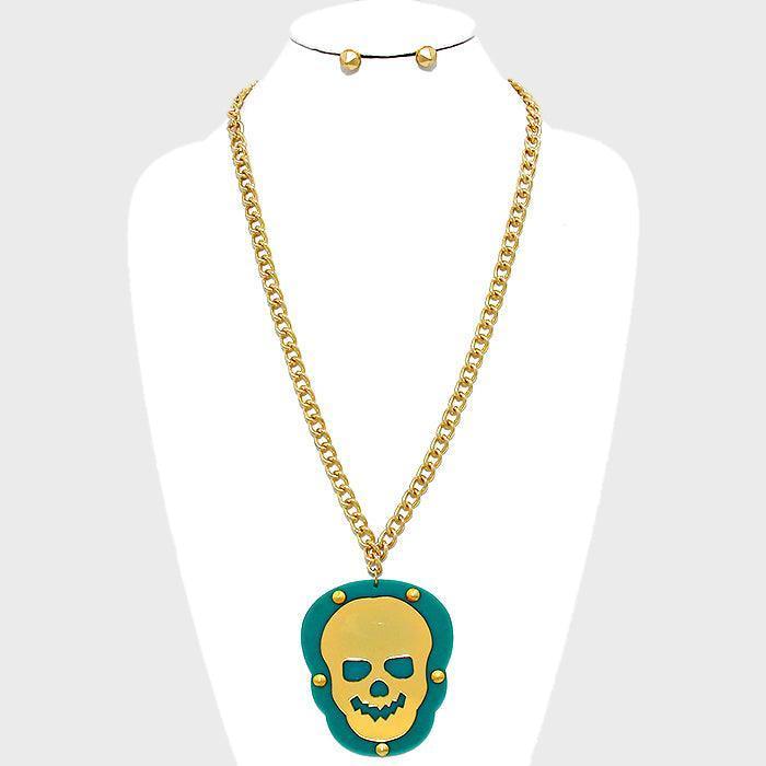 Green Skull rivet plate pendant necklace - Jewelry Store by Erik Rayo