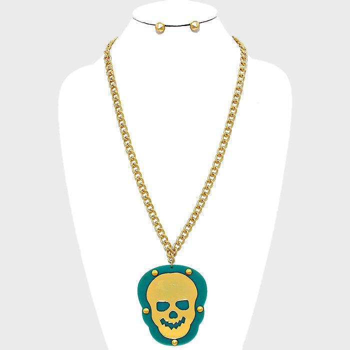 Green Skull rivet plate pendant necklace