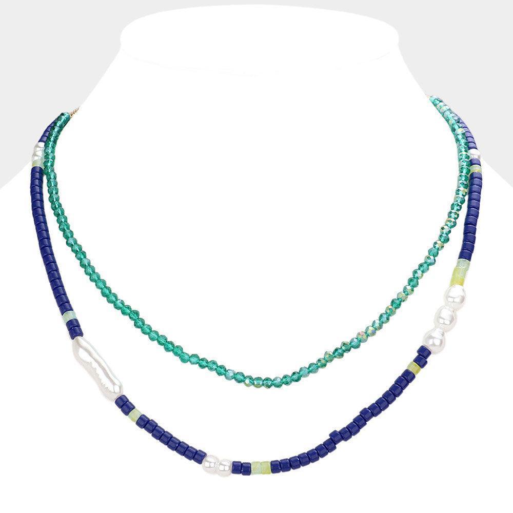 Blue Pearl Beaded Double Layered Necklace - Jewelry Store by Erik Rayo