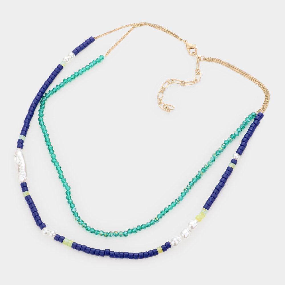 Blue Pearl Beaded Double Layered Necklace - Jewelry Store by Erik Rayo
