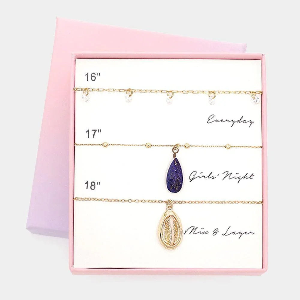 Gold 3PCS - Clear Round Natural Stone Meta Puka Shell Necklaces - Jewelry Store by Erik Rayo