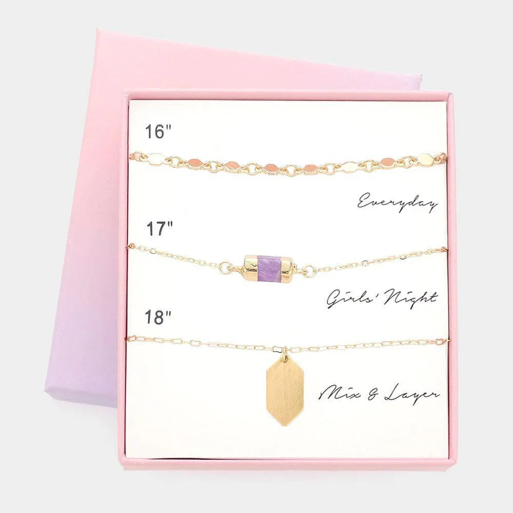 Gold 3PCS - Metal Hexagon Link Natural Stone Necklaces - Jewelry Store by Erik Rayo