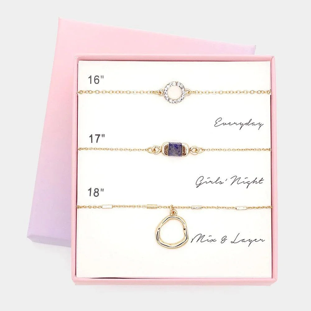 Gold 3PCS - Rhinestone Open Circle Natural Stone Irregular Metal Necklaces - Jewelry Store by Erik Rayo