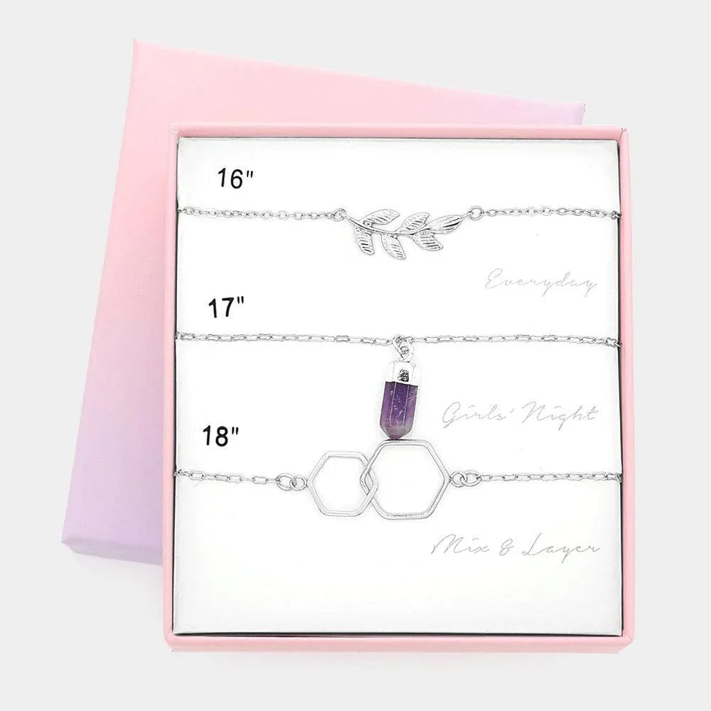 3PCS - Leaf Natural Stone Double Open Hexagon Link Pendant Necklaces - Jewelry Store by Erik Rayo