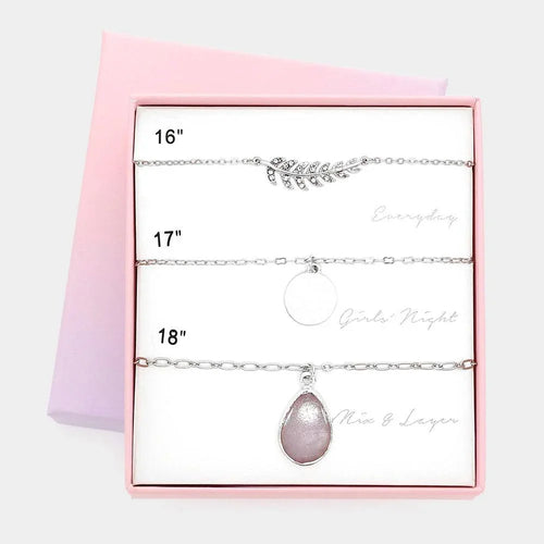 3PCS - Stone Embellished Leaf Disc Natural Stone Pendant Necklaces - Jewelry Store by Erik Rayo