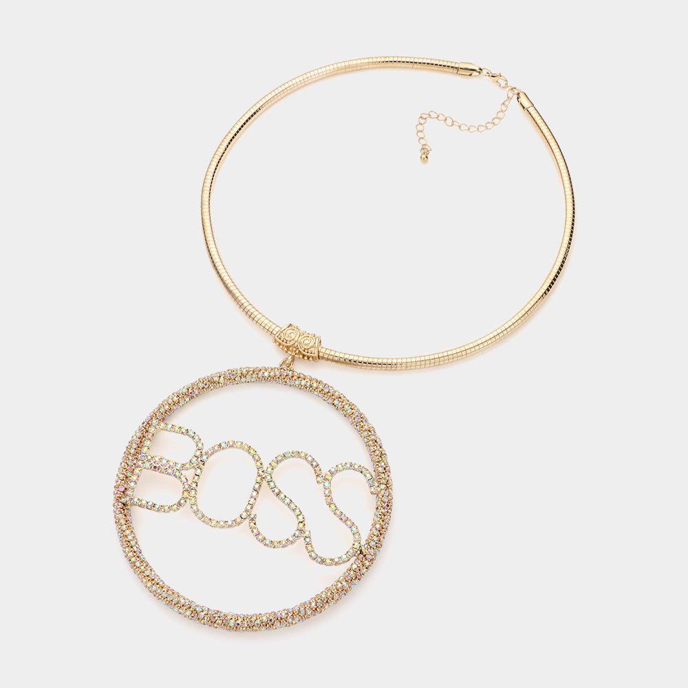 Gold BOSS Rhinestone Embellished Message Open Circle Pendant Necklace - Jewelry Store by Erik Rayo