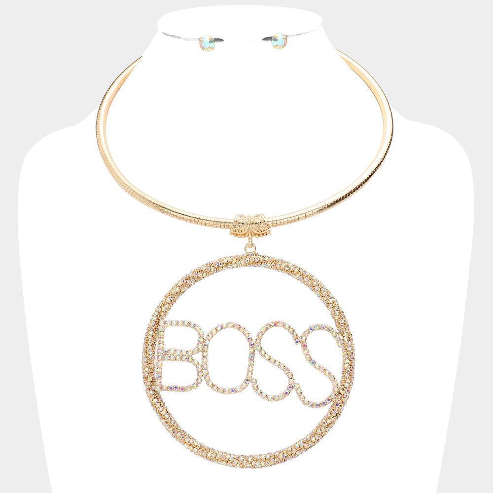 Gold BOSS Rhinestone Embellished Message Open Circle Pendant Necklace - Jewelry Store by Erik Rayo