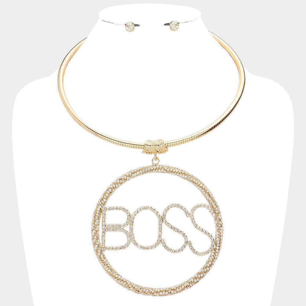 Gold BOSS Rhinestone Embellished Message Open Circle Pendant Necklace - Jewelry Store by Erik Rayo