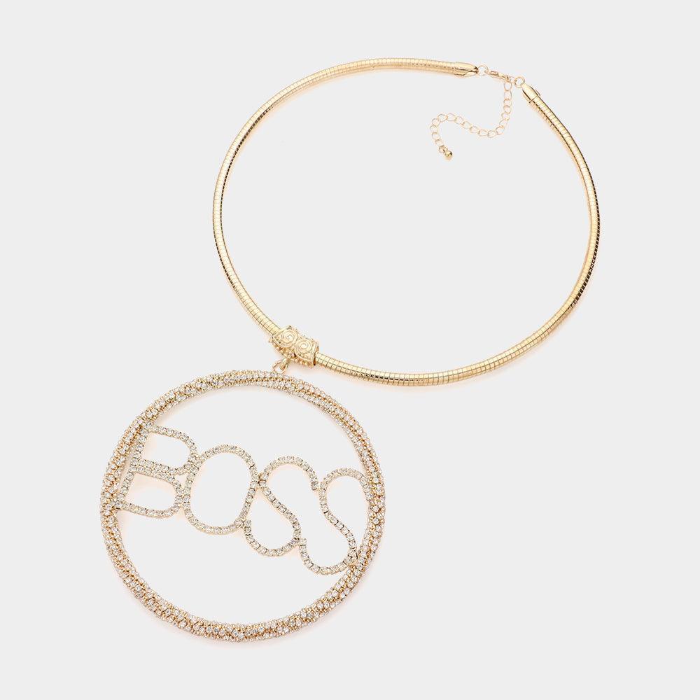 Gold BOSS Rhinestone Embellished Message Open Circle Pendant Necklace - Jewelry Store by Erik Rayo