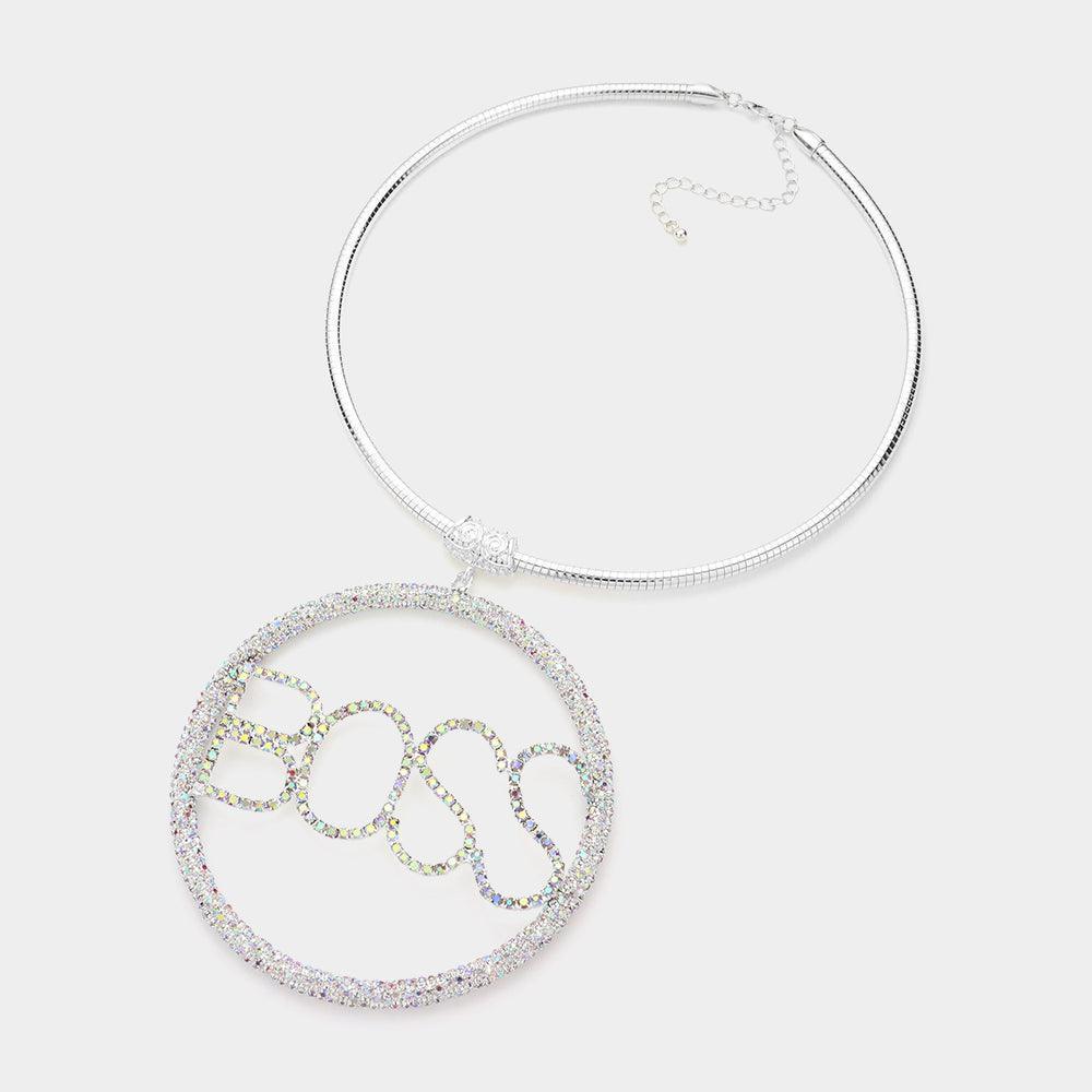 Silver BOSS Rhinestone Embellished Message Open Circle Pendant Necklace - Jewelry Store by Erik Rayo