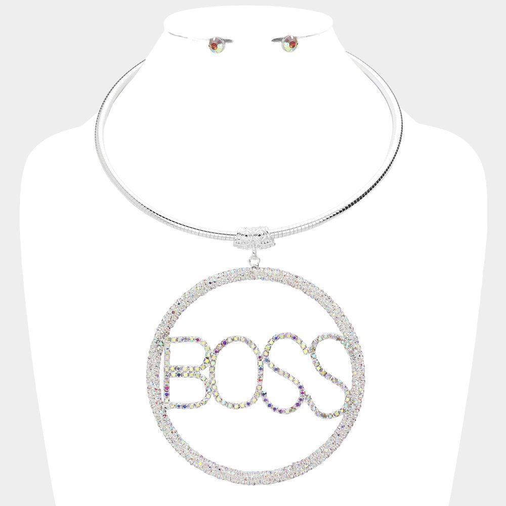 Silver BOSS Rhinestone Embellished Message Open Circle Pendant Necklace - Jewelry Store by Erik Rayo
