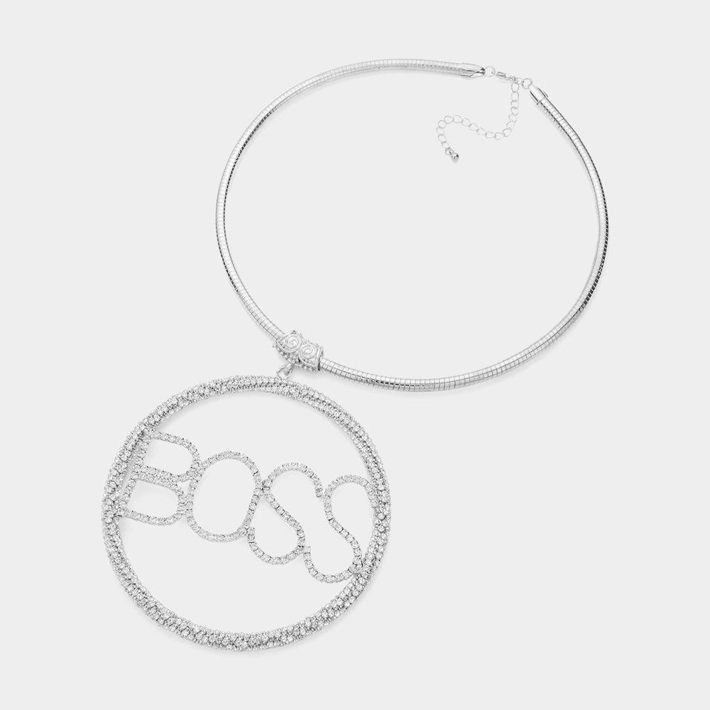 Silver BOSS Rhinestone Embellished Message Open Circle Pendant Necklace - Jewelry Store by Erik Rayo