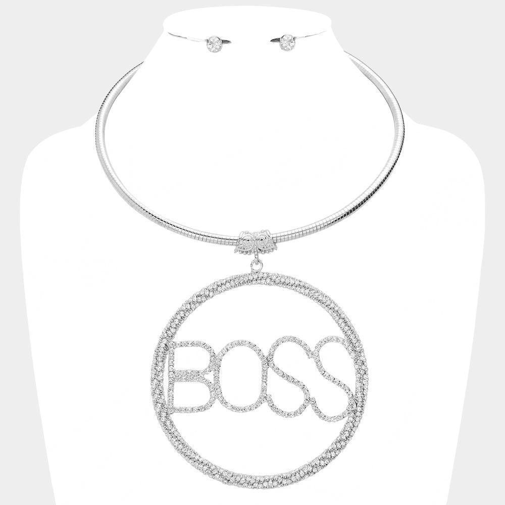 Silver BOSS Rhinestone Embellished Message Open Circle Pendant Necklace - Jewelry Store by Erik Rayo