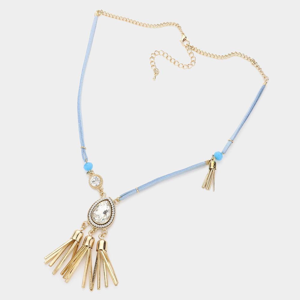 Blue Teardrop Stone Accented Tassel Pendant Necklace - Jewelry Store by Erik Rayo