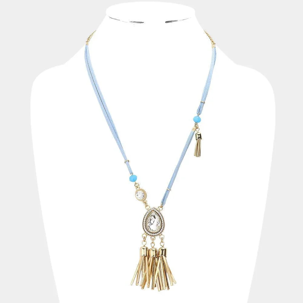 Blue Teardrop Stone Accented Tassel Pendant Necklace - Jewelry Store by Erik Rayo