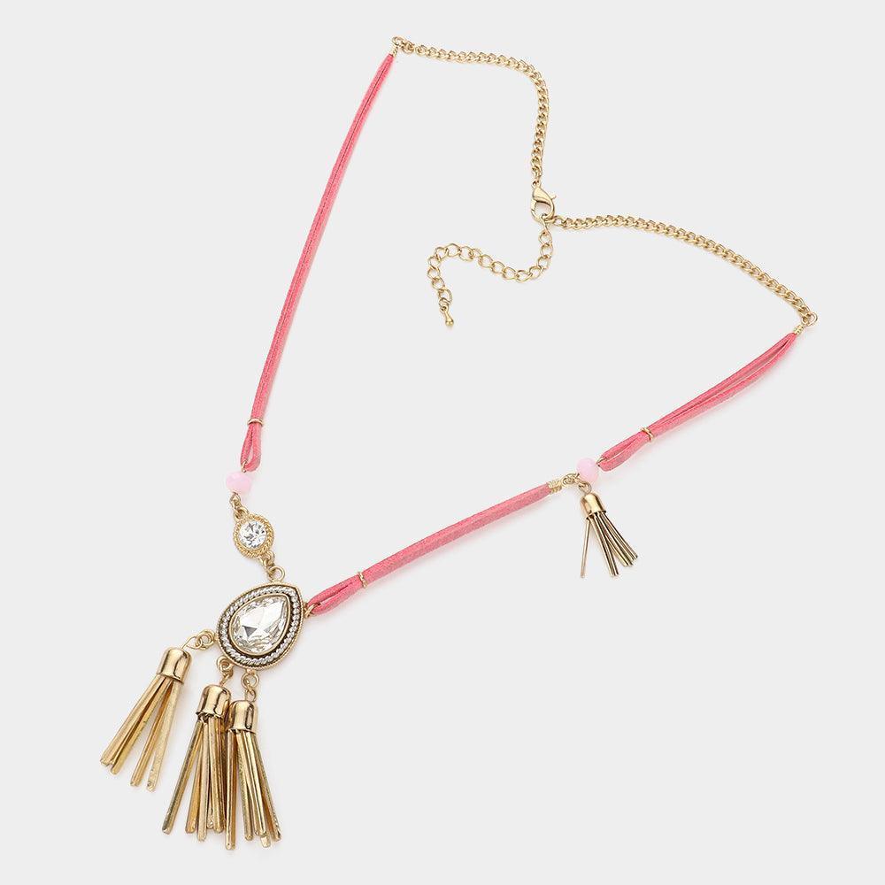 Pink Teardrop Stone Accented Tassel Pendant Necklace - Jewelry Store by Erik Rayo