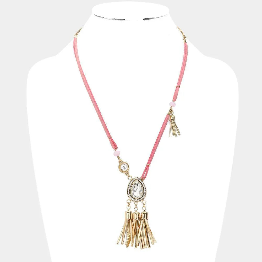 Pink Teardrop Stone Accented Tassel Pendant Necklace - Jewelry Store by Erik Rayo
