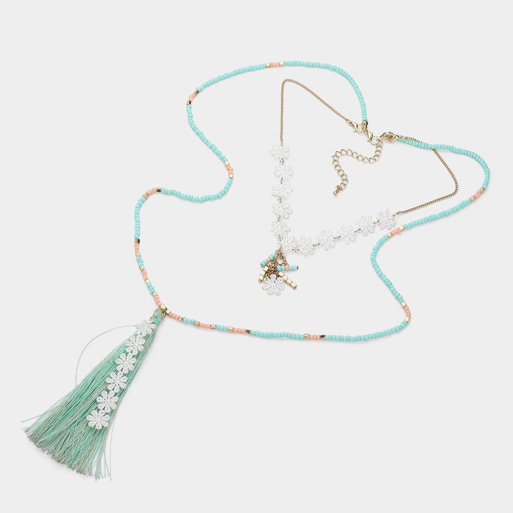 Gold Double Layer Flower Tassel Drop Beaded Long Necklace - Jewelry Store by Erik Rayo