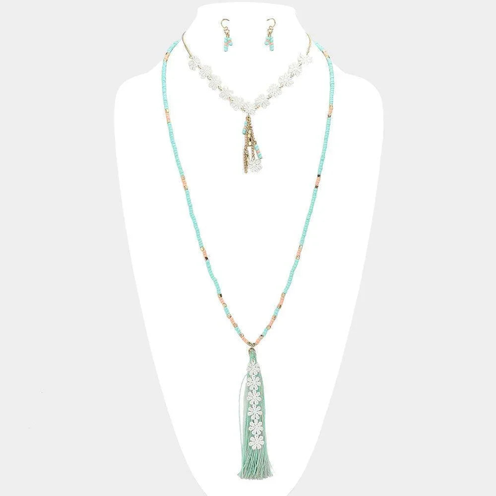 Gold Double Layer Flower Tassel Drop Beaded Long Necklace - Jewelry Store by Erik Rayo