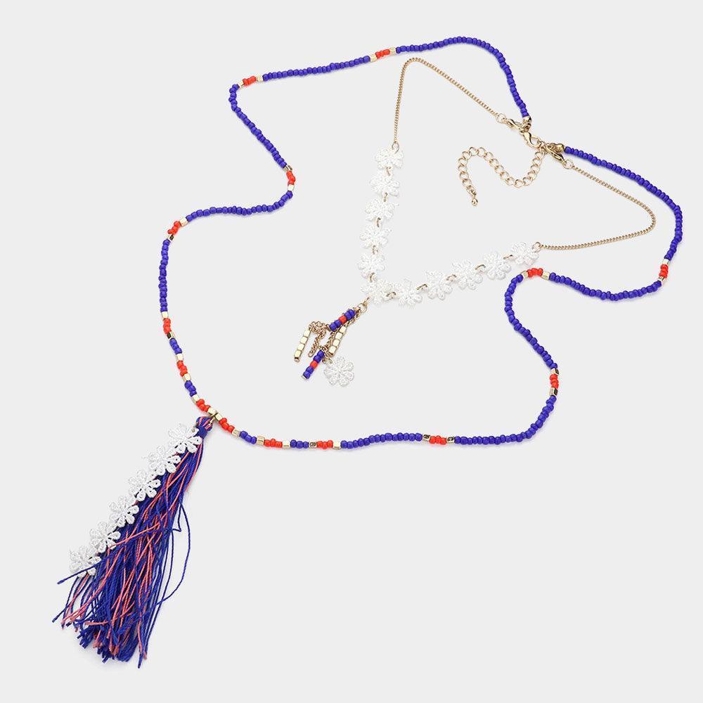 Blue Double layer flower tassel drop beaded long necklace - Jewelry Store by Erik Rayo
