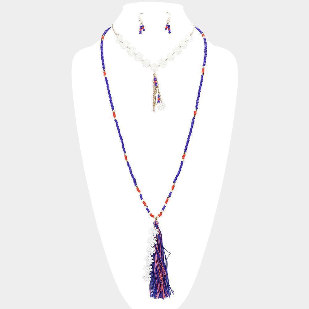 Blue Double layer flower tassel drop beaded long necklace - Jewelry Store by Erik Rayo