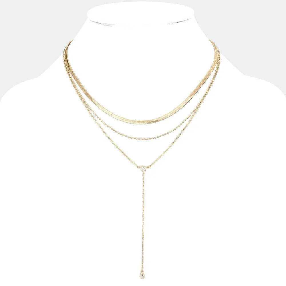Gold Dropped Round Stone Triple Layered Y Necklace - Jewelry Store by Erik Rayo