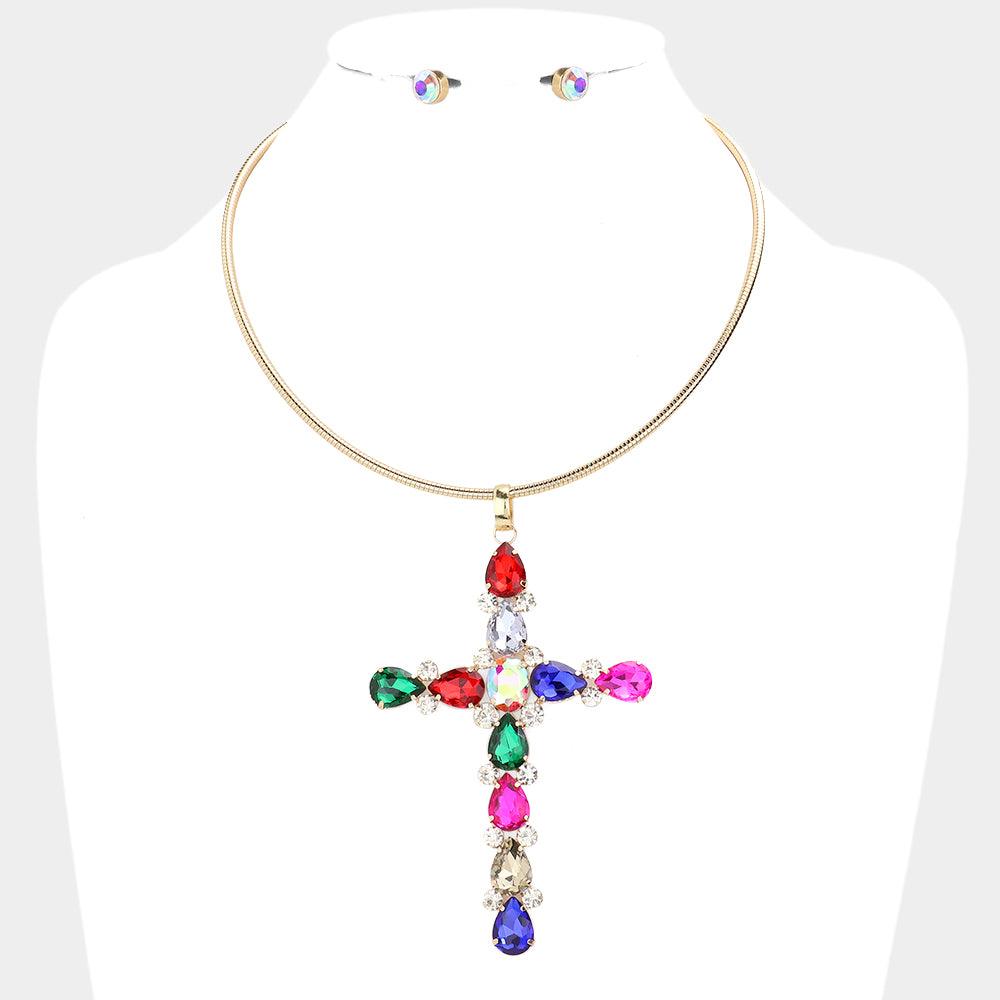 Glass Stone Embellished Cross Pendant Necklace