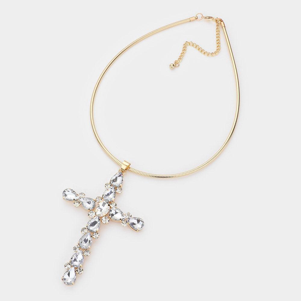 Gold Glass Stone Embellished Cross Pendant Necklace - Jewelry Store by Erik Rayo