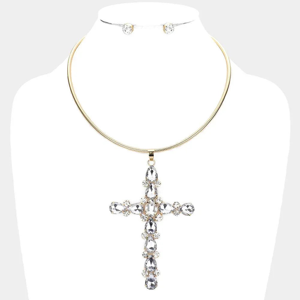 Gold Glass Stone Embellished Cross Pendant Necklace - Jewelry Store by Erik Rayo